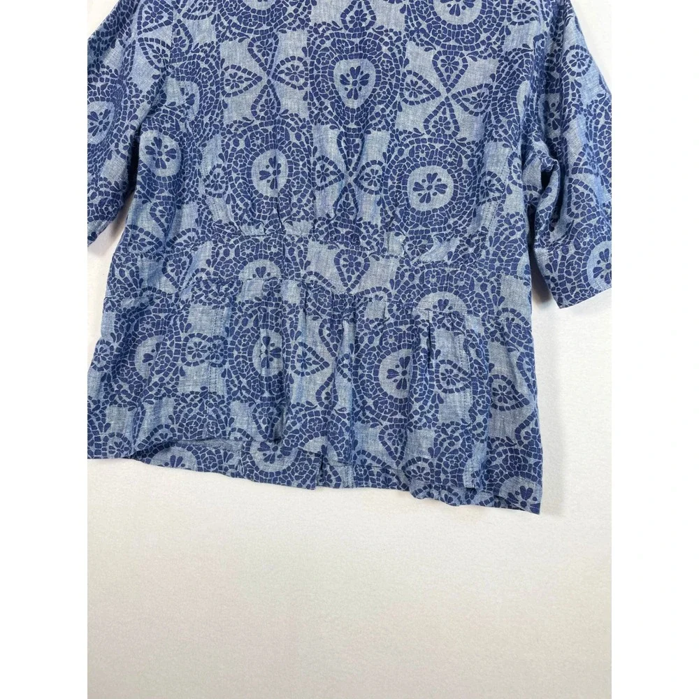 JM Collection Women Blazer Jacket 16  Blue Linen Floral Button Down Short Sleeve
